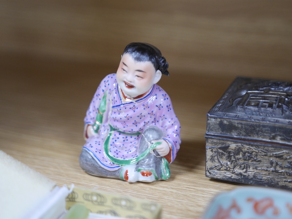 A group of Chinese and Japanese items to include silvered dragon box, hand mirror and square dish. Condition - varies